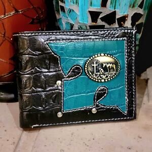 Praying Cowboy Wallet Western Bifold Black & teal patchwork croc Pattern